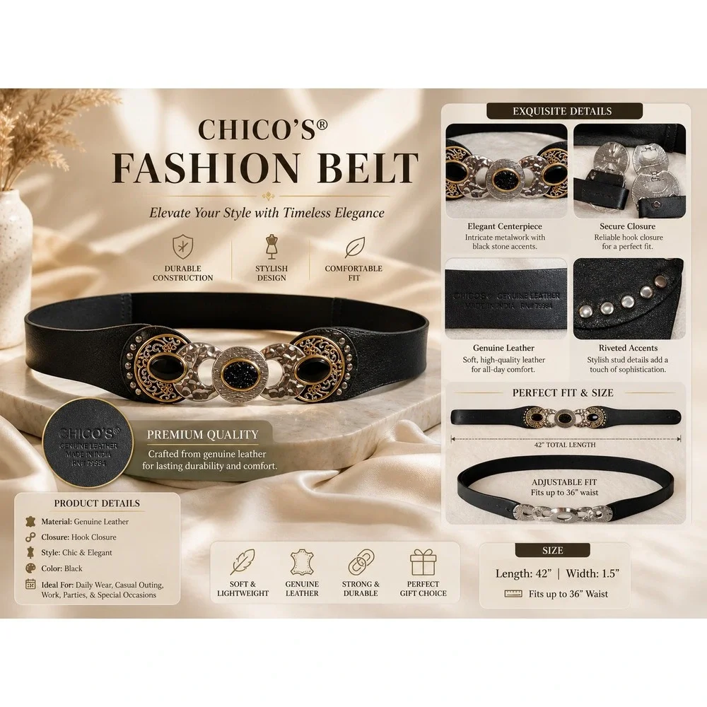 Chicos Black Leather Mixed Metal Statement‎ Buckle Belt Cabochon Stones Size M L